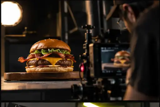 Gravação publicitária de um hambúrguer em estúdio