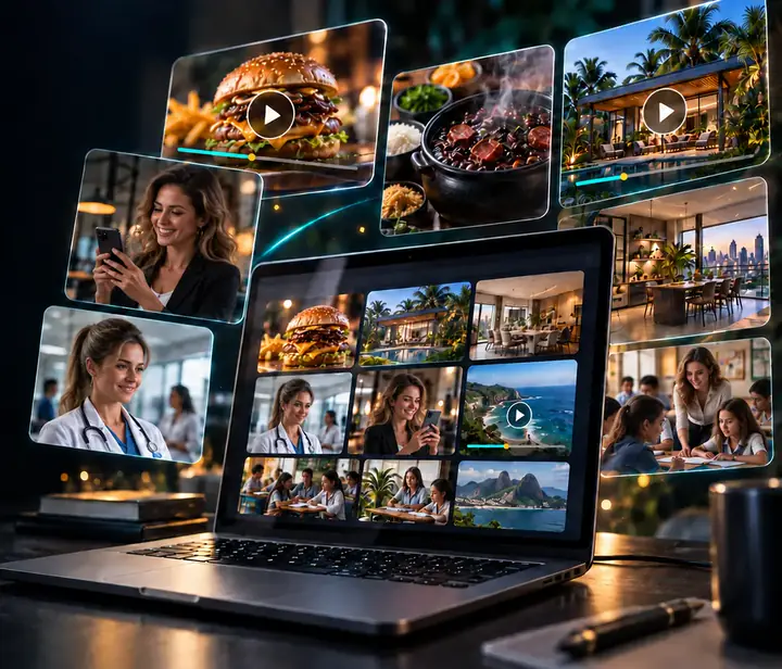Notebook com a biblioteca Black Prompts e imagens criadas com IA: hambúrguer, feijoada, casa e profissionais