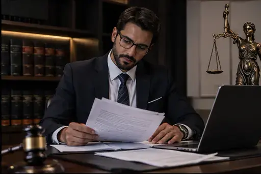 Advogado analisando documentos no escritório