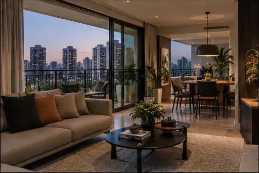 Sala de apartamento com varanda e vista da cidade