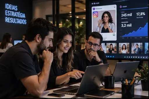 Equipe de marketing analisando resultados de redes sociais