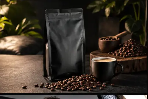 Embalagem de café com grãos e xícara
